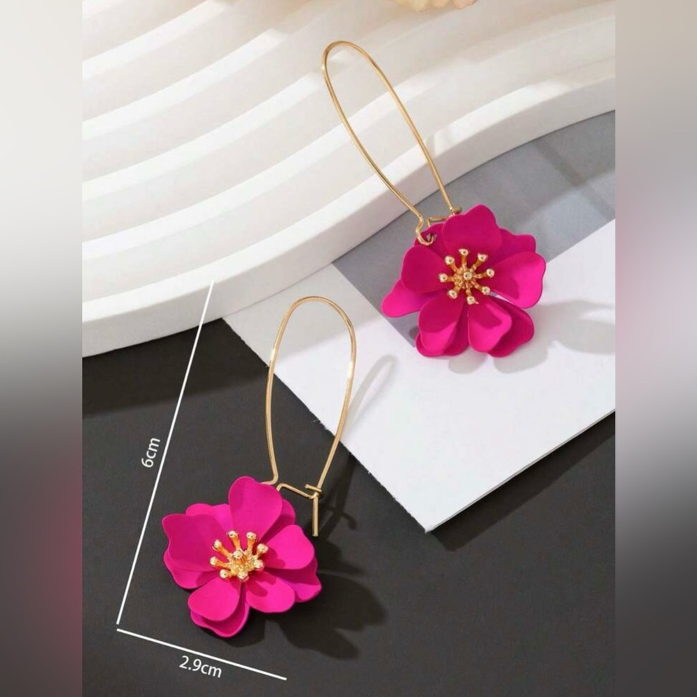 Elegant Fuchsia Flower Drop Earrings - Picture 5 of 5
